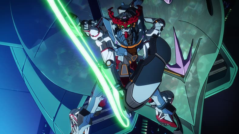Machu (Tomoyo Kurosawa) draws her beam saber against Shuji (Shimba Tsuchiya) in Mobile Suit Gundam GQuuuuuuX Episode 12 "This Is Why I..." (2025), Studio Khara