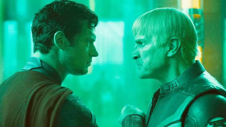 Guy Gardner (Nathan Fillion) dares Superman (David Corenswet) to take a swing in Superman (2025), DC Studios