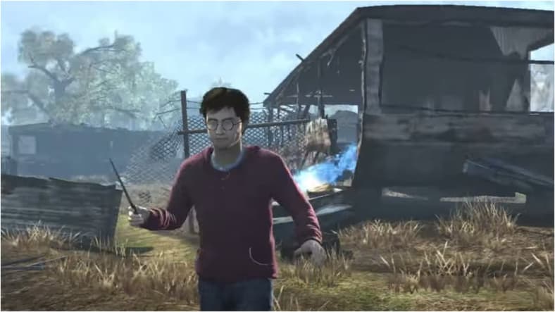 Harry Potter shooting spells at Death Eaters in Harry Potter and the Deathly Hallows-Part 1 Game, 2010, Electronic Arts