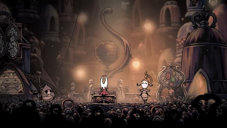 Hornet rests while townsfolk go about their business in Hollow Knight: Silksong (TBA), Team Cherry