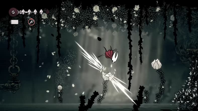 Hornet bounds off white flowers to cross a gap in Hollow Knight: Silksong (TBA), Team Cherry