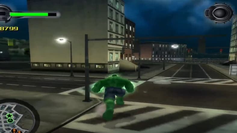 Hulk running through the streets in The Incredible Hulk: Ultimate Destruction, 2005, Sierra Entertainment