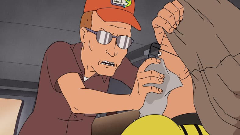 Dale (Johnny Hardwick) abducts Hank (Mike Judge) for Soccer-related questioning in King of the Hill Season 14 Episode 5 "New Ref in Town" (2025), Disney/Hulu