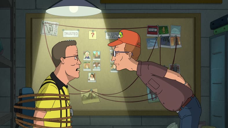 Dale (Johnny Hardwick) accuses Hank (Mike Judge) of being brainwashed by Big Soccer in King of the Hill Season 14 Episode 5 "New Ref in Town" (2025), Disney/Hulu