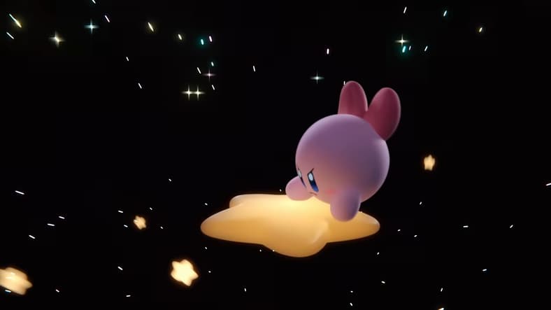 Kirby (Makiko Ōmoto) frantically tries to kick-start a Warp Star in Kirby Air Riders (2025), Nintendo