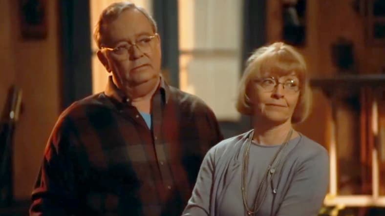 Clark (Dean Cain) receives a surprise visit from Jonathan (Eddie Jones) and Martha Kent (K Callan) in Lois & Clark: The New Adventures of Superman Season 3 Episode 5 "Operation Blackout" (1994), Warner Bros. Television