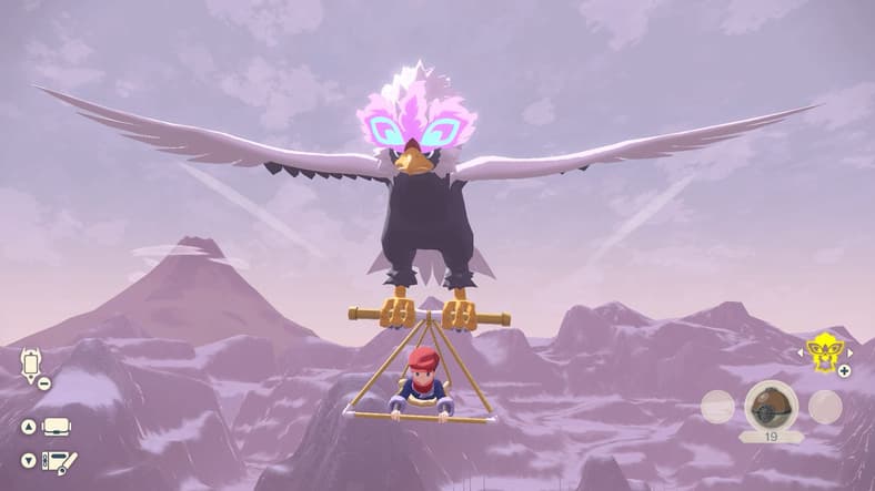 A player glides over Hisui on a Braviary in Pokémon Scarlet and Violet (2022), Nintendo