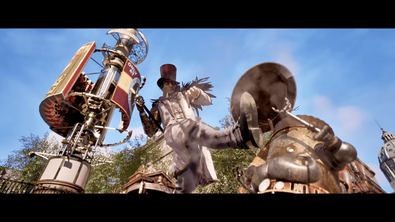 Lord Griswick (TBA) kicks a street-sweeping robot in Clockwork Revolution (TBA), Xbox Game Studios