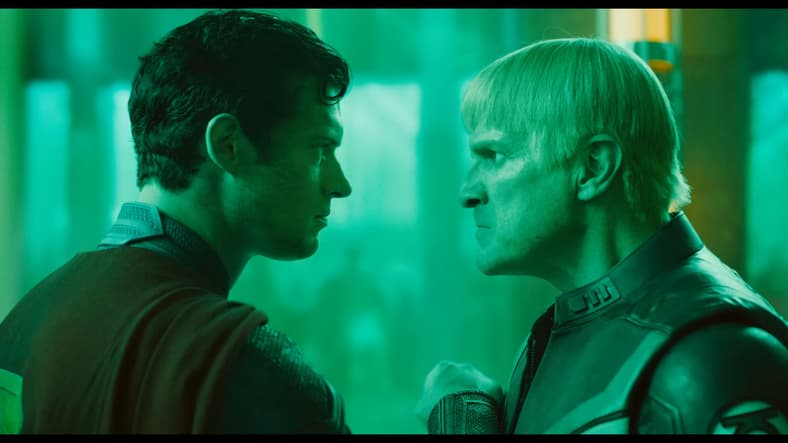 Guy Gardner (Nathan Fillion) steps up to Superman (David Corenswet) in Superman (2025), DC Studios