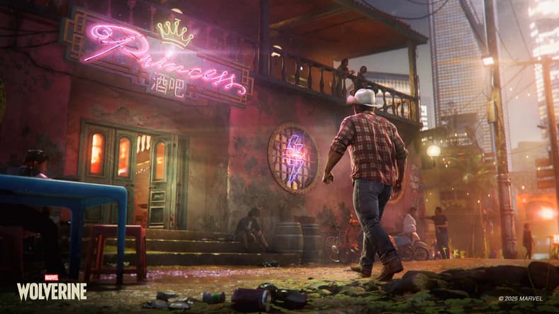 Wolverine (Liam McIntyre) walks towards the Princess bar in Madripoor in Marvel's Wolverine (2026), Sony Interactive Entertainment