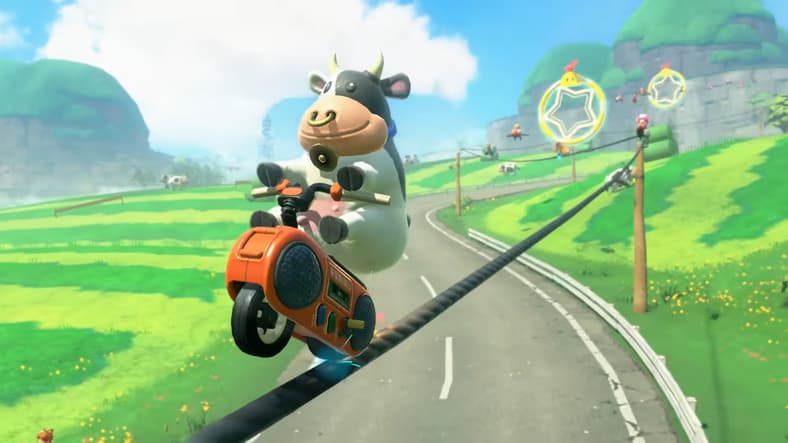 A cow (TBA) pops a wheelie on a power line in Mario Kart World (2025), Nintendo