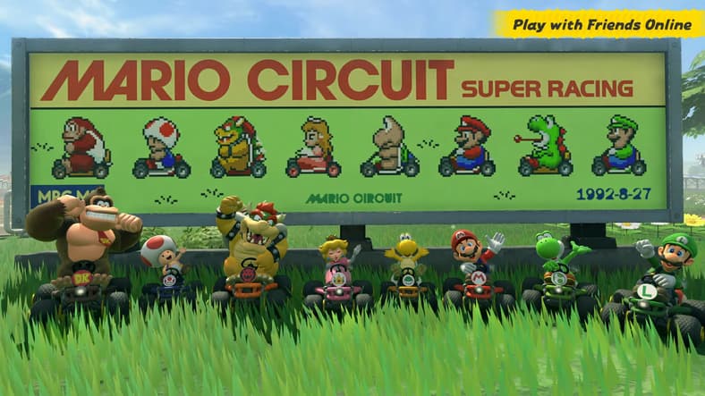 Various racers pose in front of a retro billboard in Mario Kart World Direct 4.17.2025, YouTube