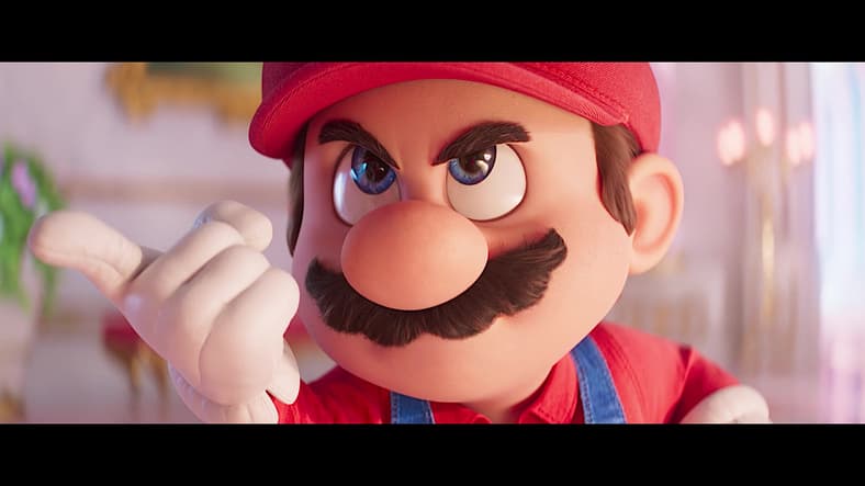 Mario (Chris Pratt) demands Princess Peach (Anya Taylor-Joy) help him find his brother Luigi (Charlie Day) in The Super Mario Bros. Movie (2023), Illumination Entertainment