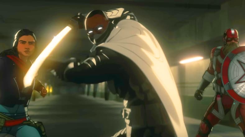 Blade (Todd Williams) puts himself between Ms. Marvel (Iman Vellani), Red Guardian (David Harbour), and an undead Ghost (N/A) in Marvel Zombies (2025), Marvel Entertainment / Disney Plus