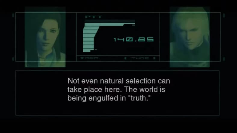 The Patriots' Rose AI (Lara Cody) explains its S3 plan to Raiden (Quinton Flynn) in Metal Gear Solid 2: Sons of the Liberty (2001), Konami