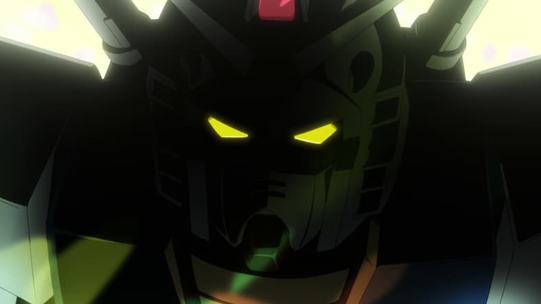 A familiar metal faceplate emerges from an intra-universal portal in Mobile Suit Gundam GQuuuuuuX Episode 11 "Alphacide" (2025), Studio Khara