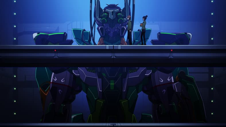 Xavier Olivette (Seiichiro Yamashita) introduces Nyaan (Yui Ishikawa) the Gundam FreD in Mobile Suit Gundam GquuuuuuX Episode 8 "Falling on the Moon" (2025), Studio Khara