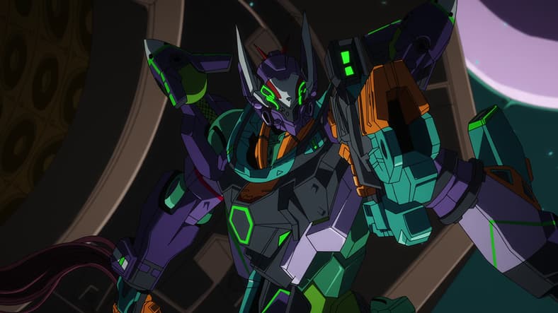 Nyaan (Yui Ishikawa) takes aim at Machu (Tomoyo Kurosawa) in Mobile Suit Gundam GQuuuuuuX Episode 11 "Alphacide" (2025), Studio Khara