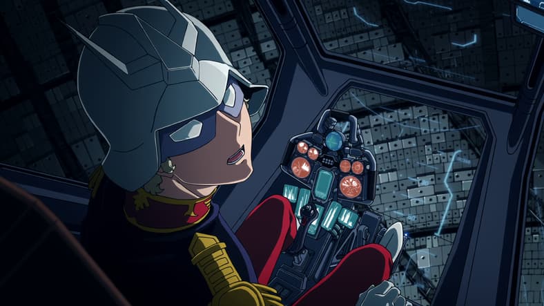 Char Aznable (Shūichi Ikeda) is surprised by the arrival of Machu (Tomoyo Kurosawa) in Mobile Suit Gundam GQuuuuuuX Episode 11 "Alphacide" (2025), Studio Khara