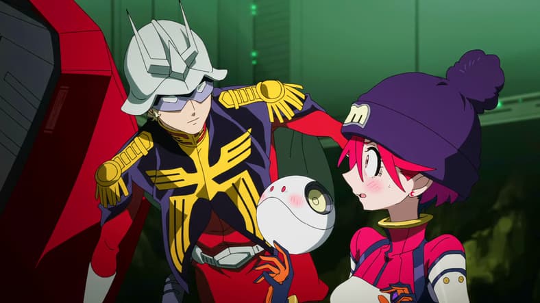 Machu (Tomoyo Kurosawa) makes the acquaintance of Char Aznable (Shūichi Ikeda) in Mobile Suit Gundam GQuuuuuuX Episode 11 "Alphacide" (2025), Studio Khara