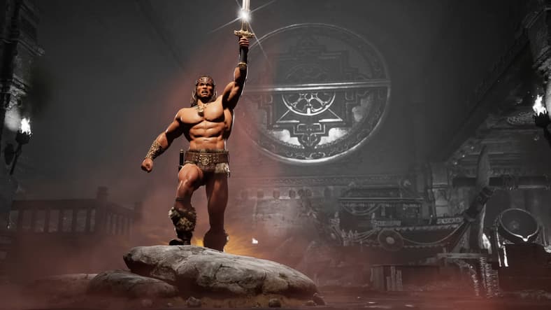Conan (Chris Cox, Arnold Schwarzenegger) raising his sword in victory in Mortal Kombat 1 (2023), Warner Bros. Games.