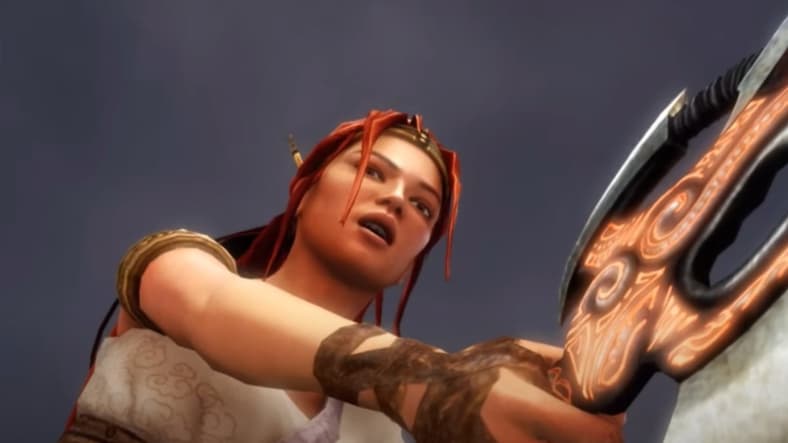 Nariko (Anna Torv) with the Heavenly Sword in battle in Heavenly Sword (2007), Ninja Theory