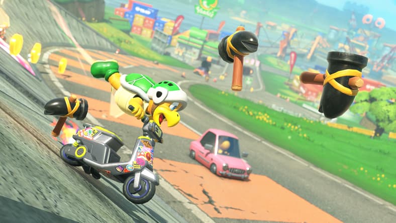 Hammer Bro (TBA) barely in control of his bike has he hurls hammers in Mario Kart World (2025), Nintendo