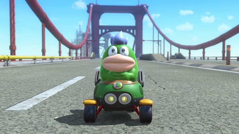 Spike (TBA) drives down a long bridge in Mario Kart World (2025), Nintendo