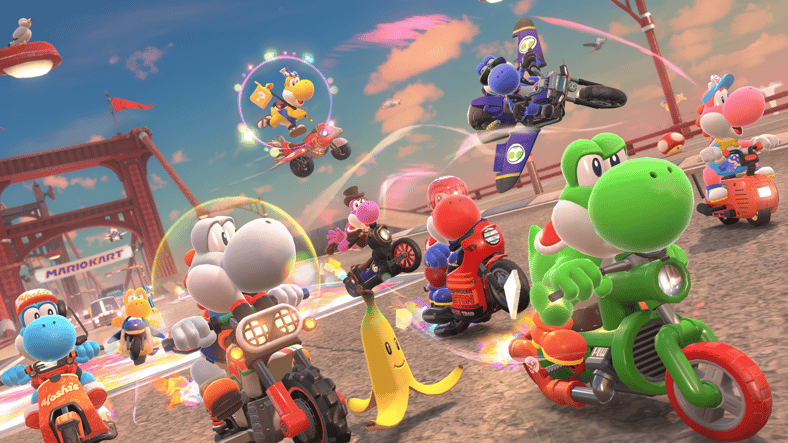 A spectrum of Yoshis (Kazumi Totaka) races across a bridge in Mario Kart World (2025), Nintendo