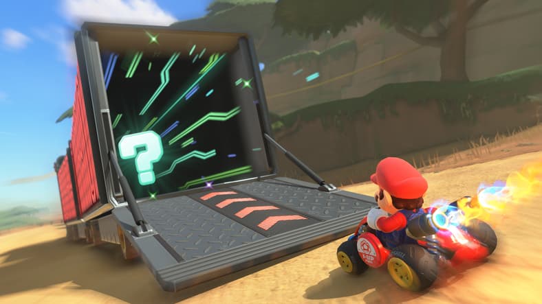 Mario (Kevin Afghani) drives his kart into the back of a truck in Mario Kart World (2025), Nintendo