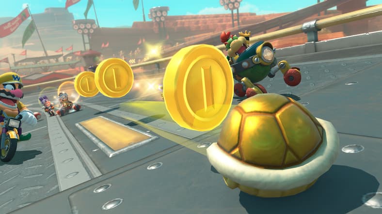 A Coin Shell leaves a trail of coins behind it in Mario Kart World (2025), Nintendo