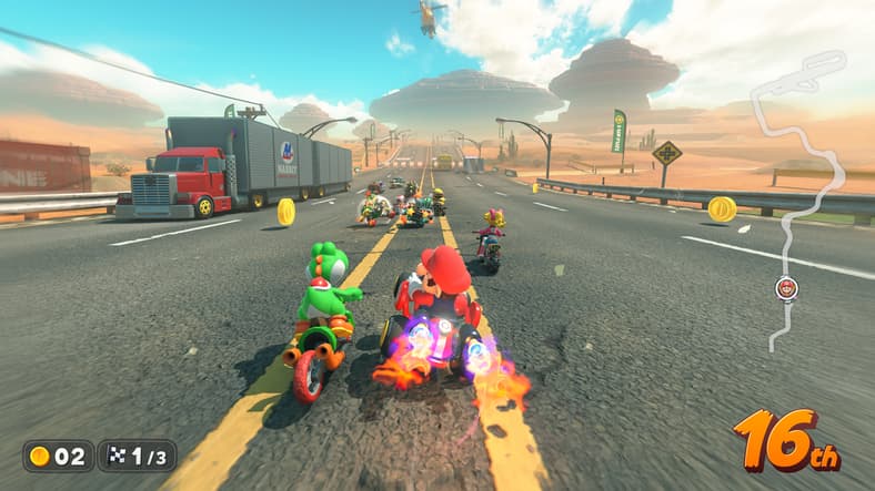 Mario (Kevin Afghani) and Yoshi (Kazumi Totaka) battle it out in a route race in Mario Kart World (2025), Nintendo