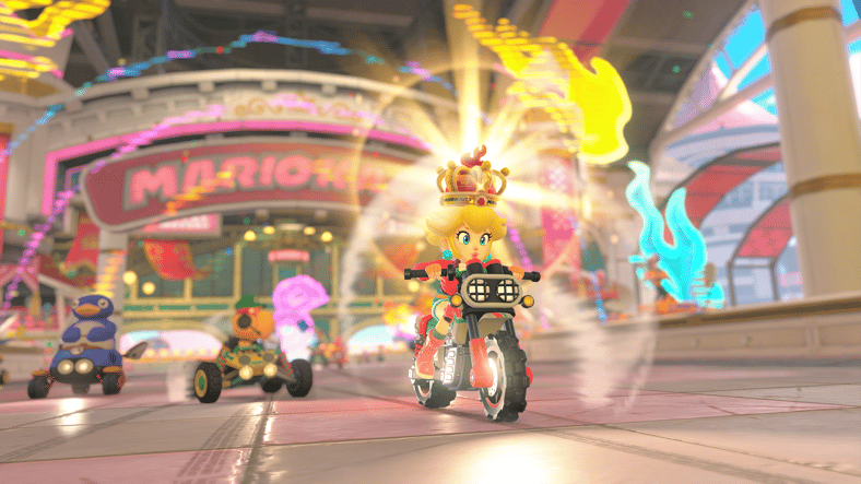 Princess Peach (Courtney Lin) leads the pack in Knockout Tour in Mario Kart World (2025), Nintendo