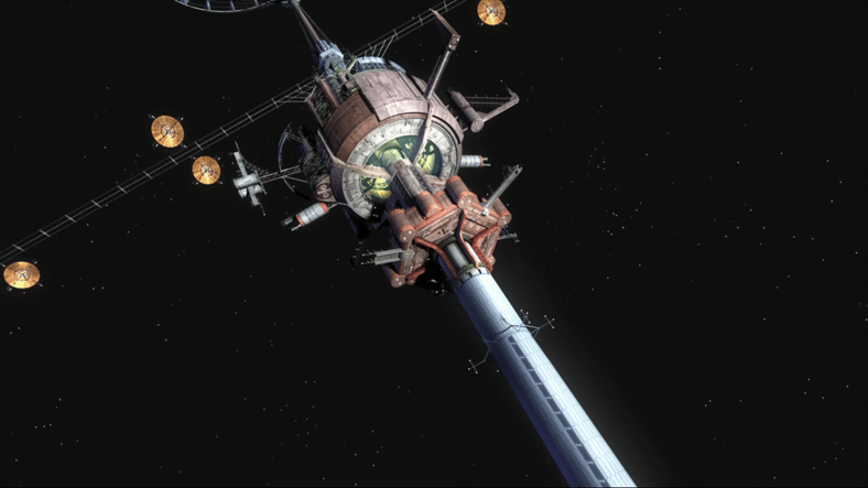 The High Orbital Station for Orbital elevator Tenchu comes under threat of a terrorist attack in Mobile Suit Gundam 00 Episode 1 "Celestial Being" (2007), Bandai Namco Filmworks