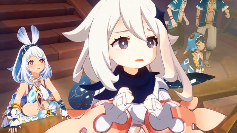 Paimon (Koga Aoi) and Mualani (Toyama Nao) look on in horror and sadness in Genshin Impact (2020), HoYoverse