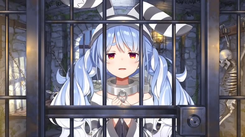 Pekora in her prisoner outfit on April Fools 2021 in 【牢屋から】緊急生放送ぺこ！！！【ホロライブ/兎田ぺこら】, YouTube