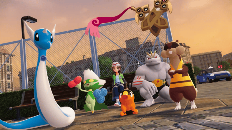 The player rests on a bench, surrounded by their Pokémon in Pokémon Legends: Z-A (2025), Nintendo
