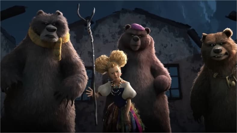 Goldilocks (Florence Pugh) and the three bears threatening Puss (Antonio Banderas) in Puss in the Boots: The Last Wish, 2023, Universal Pictures