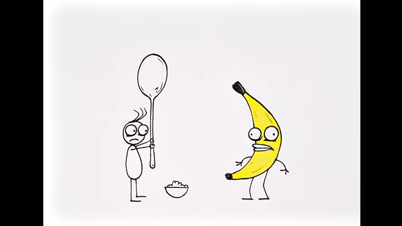 A man with a giant spoon and a banana promote the Family Learning Channel in REJECTED (2000), Don Hertzfeldt, Bitter Films