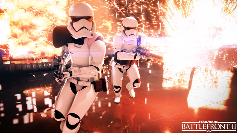 First Order Stormtroopers run through explosions in Star Wars Battlefront II (2017), Electronic Arts