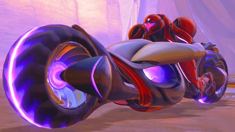 Samus Aran (Erin Yvette) takes the Vi-O-La cycle out for a spin in Metroid Prime 4 (2025), Nintendo