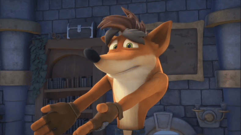 Crash Bandicoot (Eric Rogers) confused as how he's in the world of Skylanders in The Skylands Are Falling!, Skylanders Academy (2016), TeamTO, Activision Blizzard Studios
