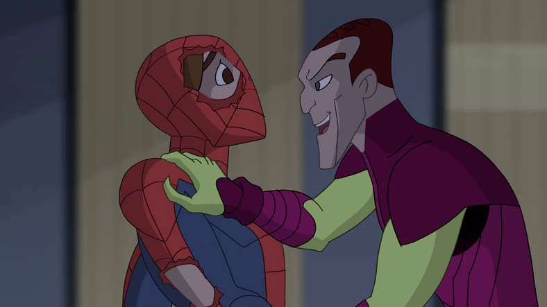 Peter Parker (Josh Keaton) comes face-to-face with Norman Osborn (Alan Rachins) in The Spectacular Spider-Man Season 2 Episode 13 "Final Curtain" (2009), Marvel Entertainment