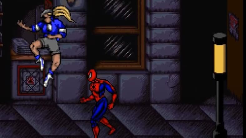 Spider-Man in a street fight in Spider-Man and Venom: Maximum Carnage, 1994, Acclaim Entertainment