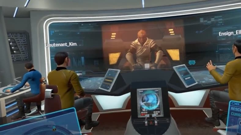 A complete crew manning the bridge in Star Trek Bridge Crew, 2017, Ubisoft, Screenshot via IGN-Youtube