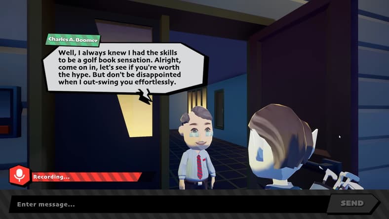 The player convinces an NPC to let them into their home in Suck Up! (2024), Proxima Enterprises