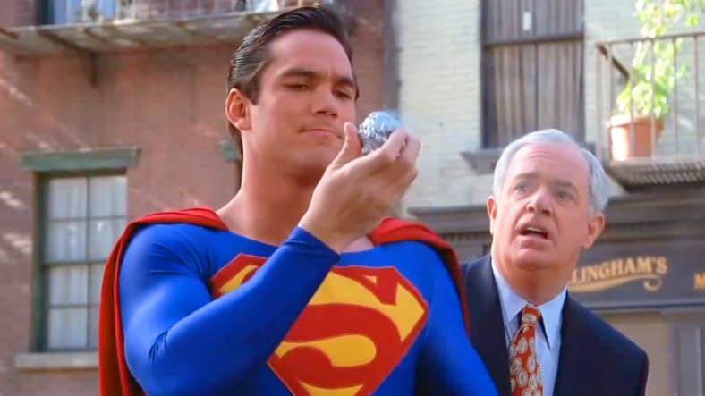 The Man of Steel (Dean Cain) saves Secretary Wallace (Kevin Cooney) from a hail of bullets in Lois & Clark: The New Adventures of Superman Season 1 Episode 17 "The Rival" (1994), Warner Bros. Television