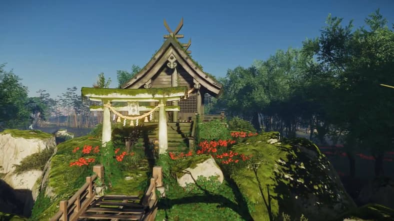 Jin Sakai (Kazuya Nakai) reaches the steps of the Scarlet Rock Shrine in Ghost of Tsushima (2020), Sony Interactive Entertainment