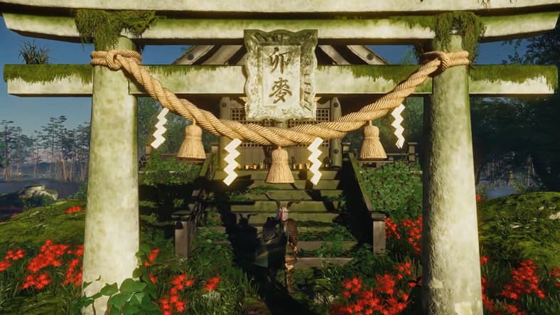 Jin Sakai (Kazuya Nakai) prepares to say a prayer to Tsukoyomi-no-Mikoto in Ghost of Tsushima (2020), Sony Interactive Entertainment
