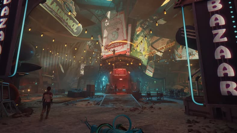 A bazaar covered in advertising in The Outer Worlds 2 (2025), Xbox Game Studios